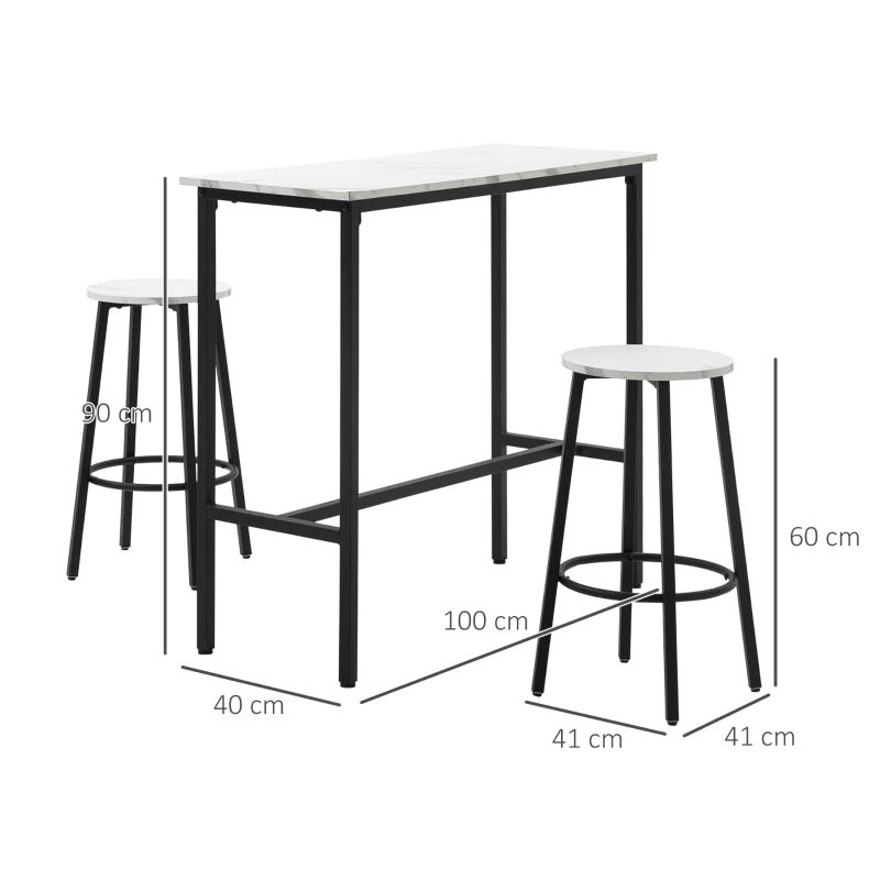HOMCOM Set 3 Piese cu Masă Dreptunghiulară și 2 Scaune de Bar din PAL, MDF și Oțel, Alb-Negru