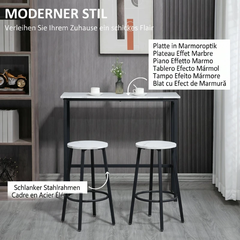 HOMCOM Set 3 Piese cu Masă Dreptunghiulară și 2 Scaune de Bar din PAL, MDF și Oțel, Alb-Negru