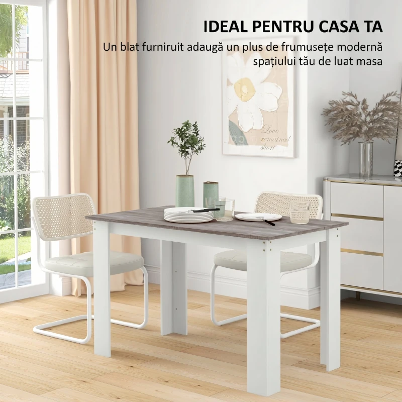 HOMCOM Masă de Luat Masa Modernă din Lemn pentru 4-6 Persoane, 120x69x75cm, Gri și Alb