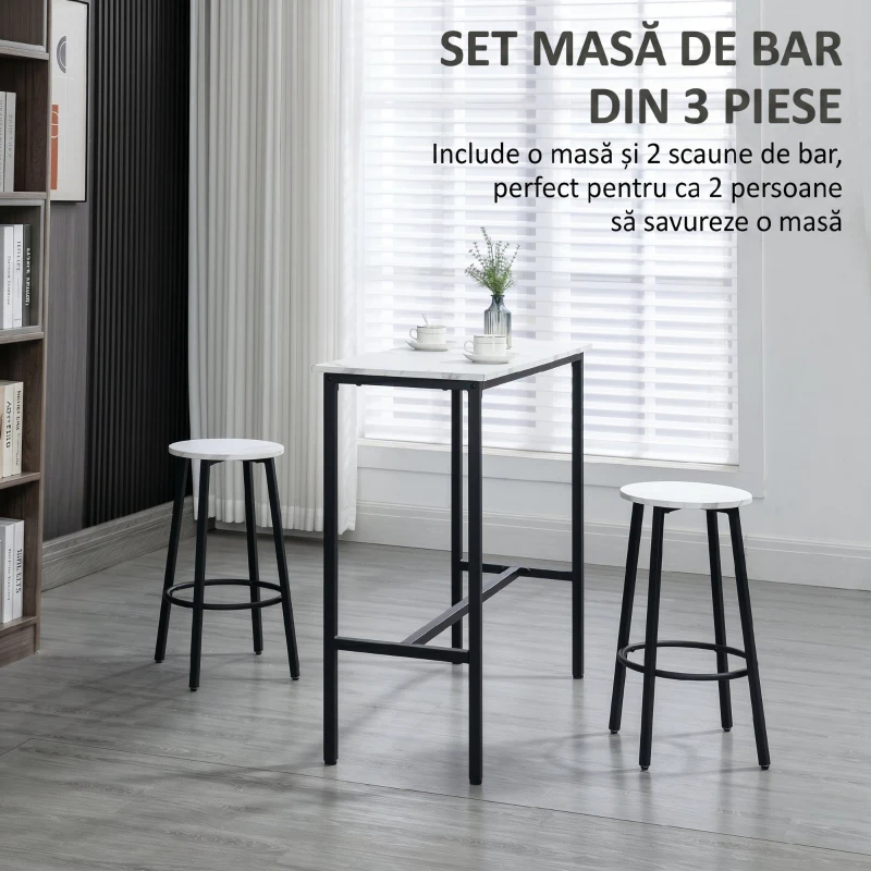 HOMCOM Set 3 Piese cu Masă Dreptunghiulară și 2 Scaune de Bar din PAL, MDF și Oțel, Alb-Negru