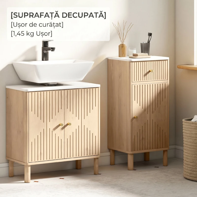 HOMCOM Dulap pentru Sub Chiuvetă cu 2 Uși, Raft cu Efect de Marmură și Poliță Reglabilă, Stejar