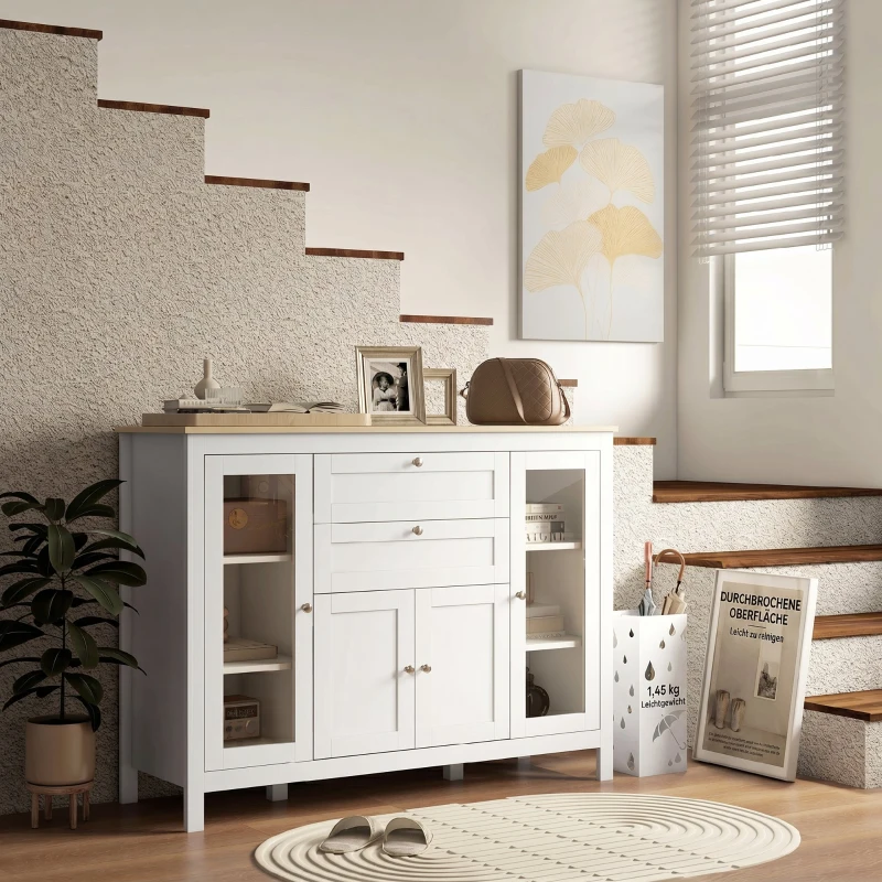 HOMCOM Mobilier de Bucătărie cu 2 Sertare și 3 Dulapuri, Uși din Sticlă și Rafturi Ajustabile, 120x40x90 cm, Alb și Stejar