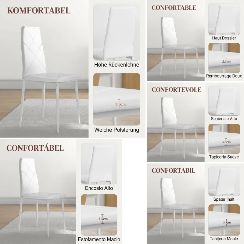 HOMCOM Set de 6 Scaune de Dining Moderne cu Spătar Înalt din Piele Ecologică și Oțel, 41x50x97 cm, Alb