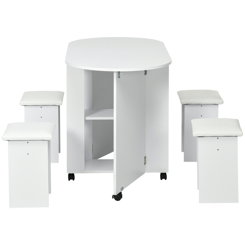 Set HOMCOM 5 piese, masă pliabilă cu 2 rafturi și 4 scaune din PAL, alb