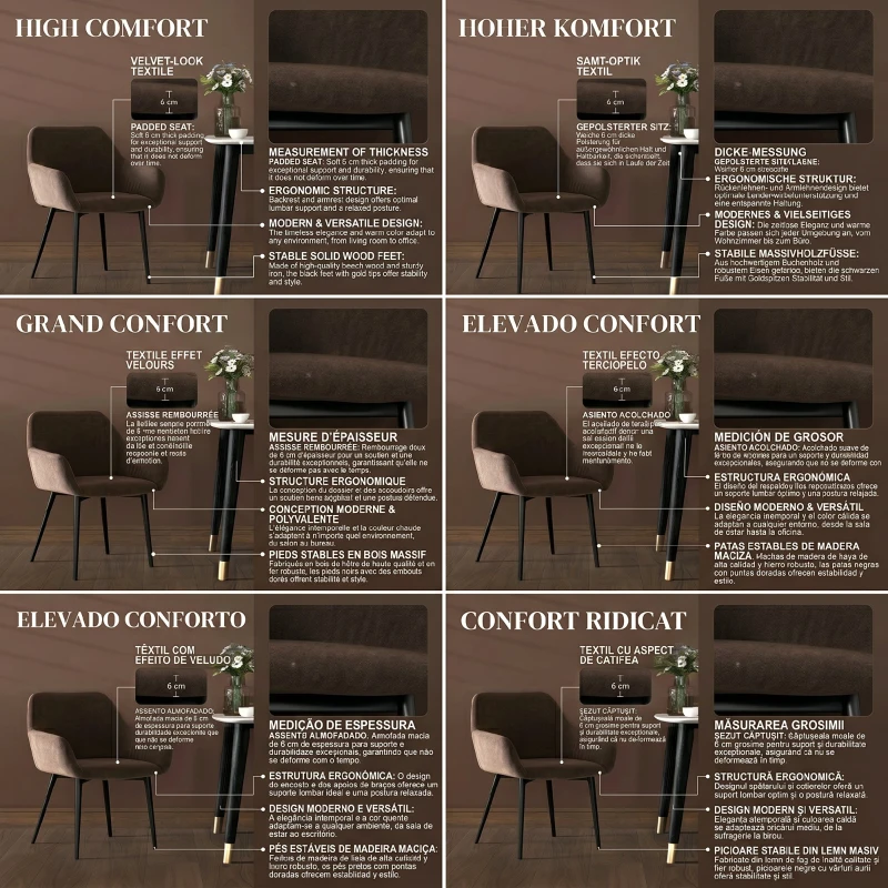 HOMCOM Set 2 Scaune de Dining Nordice Tapițate cu Brațe Curbate din Țesătură cu Efect de Catifea, 54x57x80 cm, Maro