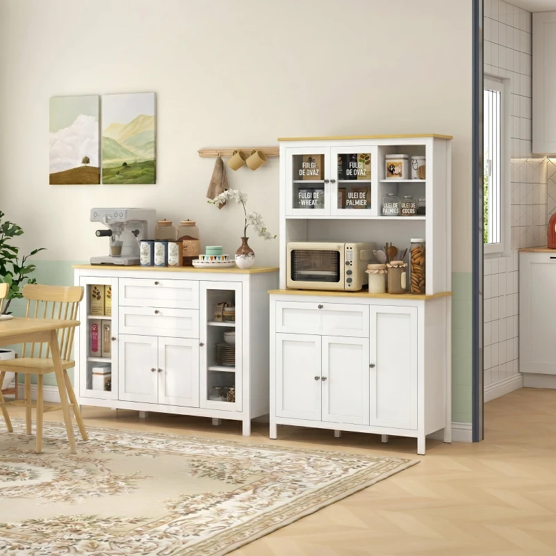 HOMCOM Mobilier de Bucătărie cu 2 Sertare și 3 Dulapuri, Uși din Sticlă și Rafturi Ajustabile, 120x40x90 cm, Alb și Stejar