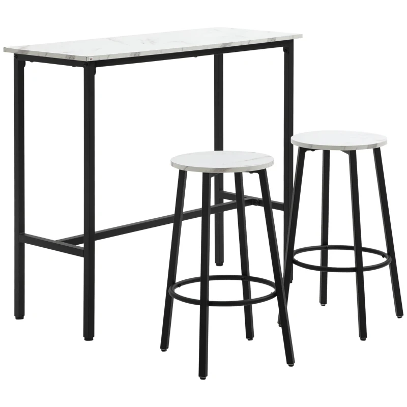 HOMCOM Set 3 Piese cu Masă Dreptunghiulară și 2 Scaune de Bar din PAL, MDF și Oțel, Alb-Negru