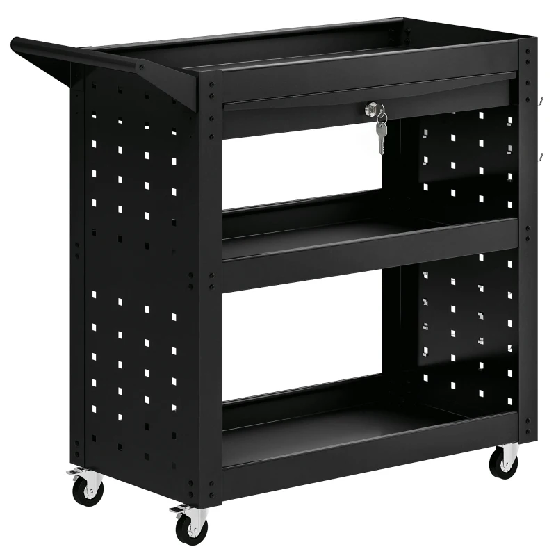 HOMCOM Carrello Portautensili con Ruote Bloccabili, Carrello da Officina Mobile con 3 Livelli, Cassetto e Pannelli Forati, Nero