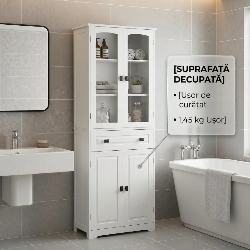 HOMCOM Bufet înalt pentru bucătărie cu 2 dulapuri și sertar, uși din sticlă și rafturi reglabile, 60x30x160cm, alb(m-8)