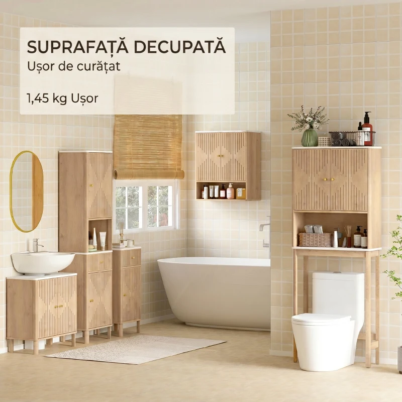 HOMCOM Dulap pentru Sub Chiuvetă cu 2 Uși, Raft cu Efect de Marmură și Poliță Reglabilă, Stejar