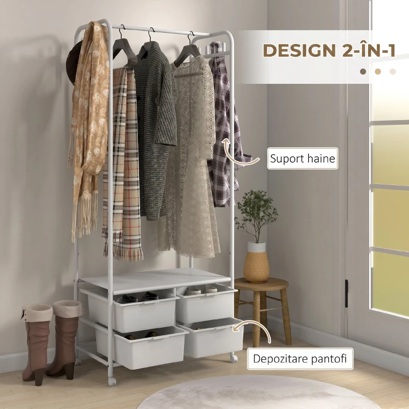 HOMCOM Suport de Haine cu Dulap pentru Pantofi, 4 Coșuri și 8 Cârlige, din Oțel și Plastic, 63x37x153 cm, Alb