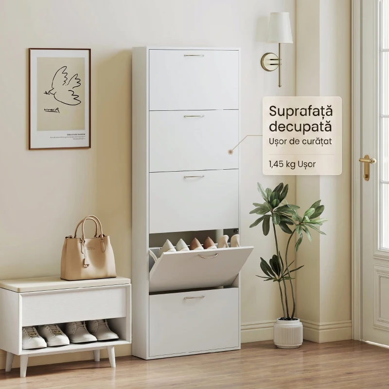 HOMCOM Dulap pentru Pantofi cu 5 Uși Anti-Răsturnare, din PAL, 65x17x180.5 cm, Alb
