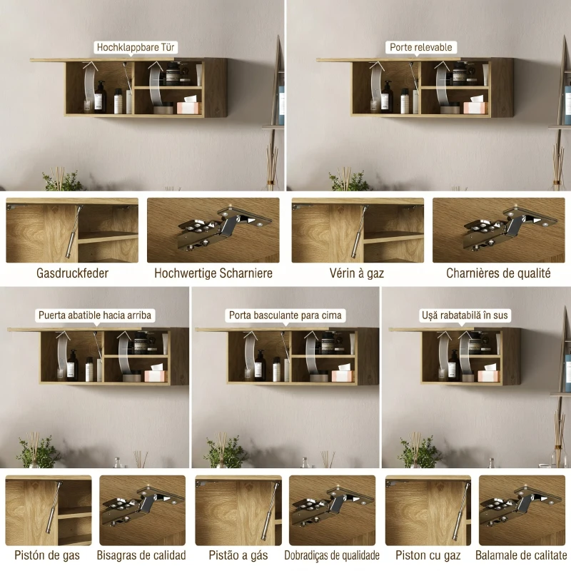 HOMCOM Dulap Suspendat pentru Baie cu Ușă Rabatabilă și Polițe, 80x25x30 cm, Lemn Natural