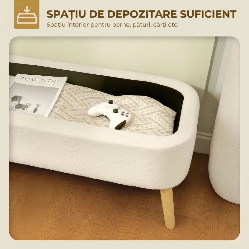 HOMCOM Bancă de depozitare de 65L din material teddy și picioare din lemn, 120x42x45 cm, bej
