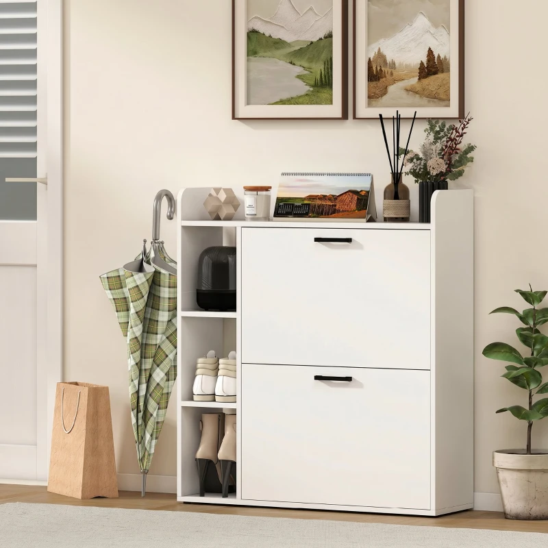 HOMCOM, Dulap pentru pantofi, Cu 2 Sertare Rabatabile, Placă aglomerată, 83x24x90.5 cm, Alb