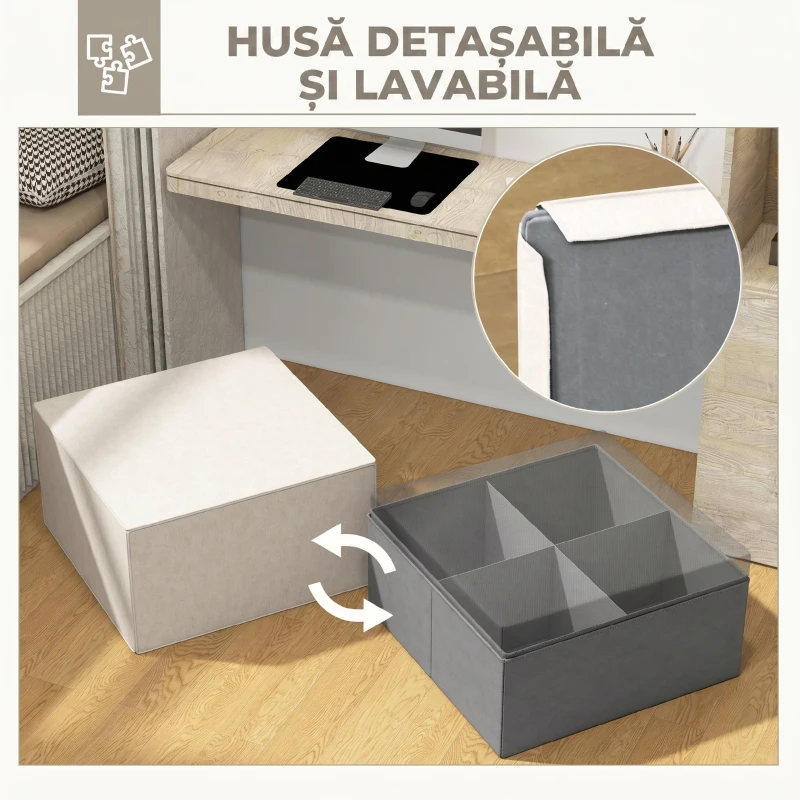 HOMCOM Taburet 2 în 1 cu Husă Detasabilă din Material Textil cu Efect de In, 75x75x41 cm, Bej