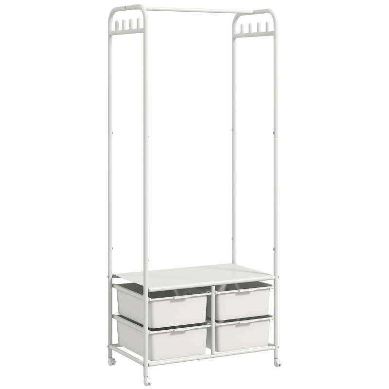 HOMCOM Suport de Haine cu Dulap pentru Pantofi, 4 Coșuri și 8 Cârlige, din Oțel și Plastic, 63x37x153 cm, Alb