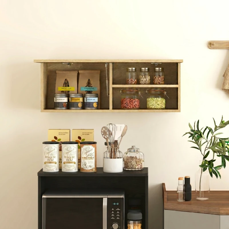HOMCOM Dulap Suspendat pentru Baie cu Ușă Rabatabilă și Polițe, 80x25x30 cm, Lemn Natural