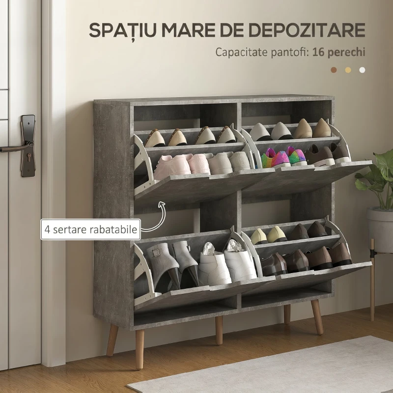 HOMCOM Dulap pentru încălțăminte cu 4 sertare rabatabile pe 2 niveluri pentru 16 perechi, din lemn, 95x26x95 cm, gri