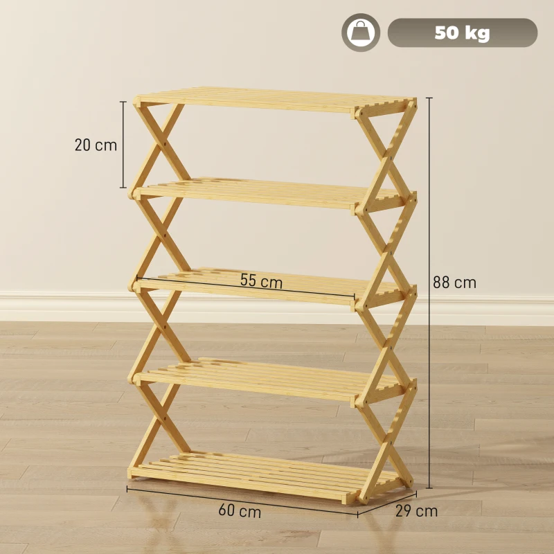 HOMCOM Raft pliabil pentru pantofi, 5 niveluri, gata de utilizare, din bambus, 60x29x88 cm, culoare lemn