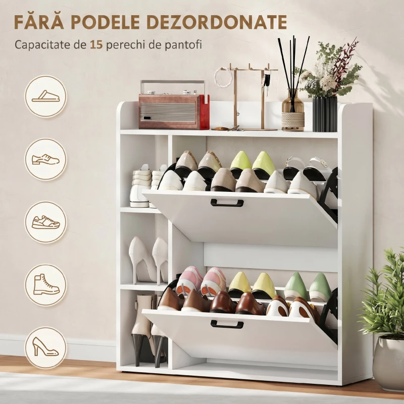 HOMCOM, Dulap pentru pantofi, Cu 2 Sertare Rabatabile, Placă aglomerată, 83x24x90.5 cm, Alb