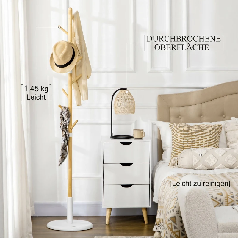 HOMCOM Cuier tip copac cu 8 cârlige și bază rotundă din bambus, lemn și metal, Ø37.8x175.6 cm, culoare lemn și alb