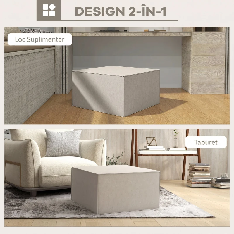 HOMCOM Taburet 2 în 1 cu Husă Detasabilă din Material Textil cu Efect de In, 75x75x41 cm, Bej