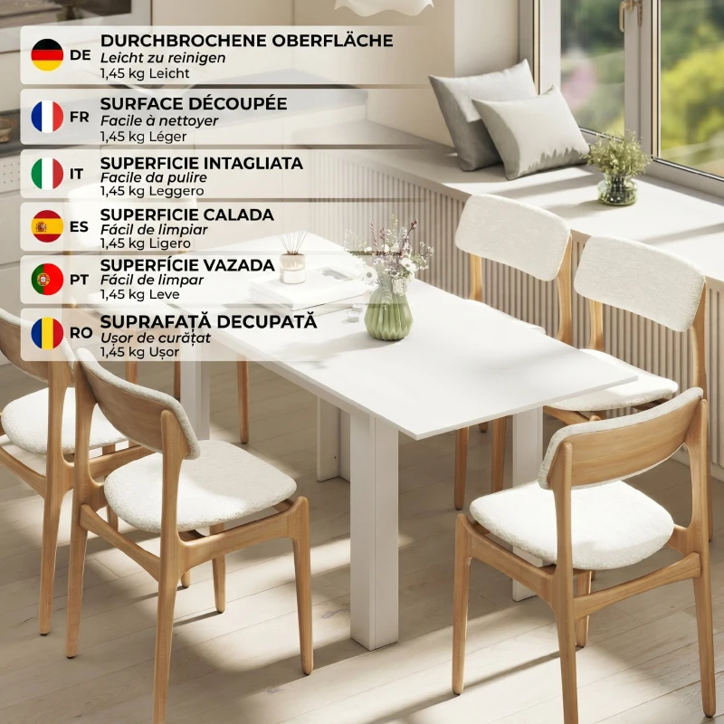 HOMCOM Masă Extensibilă de Luat Masa pentru 6-8 Persoane, 140-180 x 80 cm, Alb