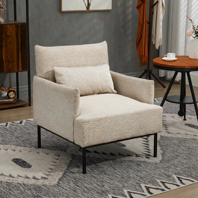 HOMCOM Fotoliu Modern de Design cu Pernă Extra, din Material Textil cu Efect de In și Oțel, 73x81x82 cm, Alb Crem