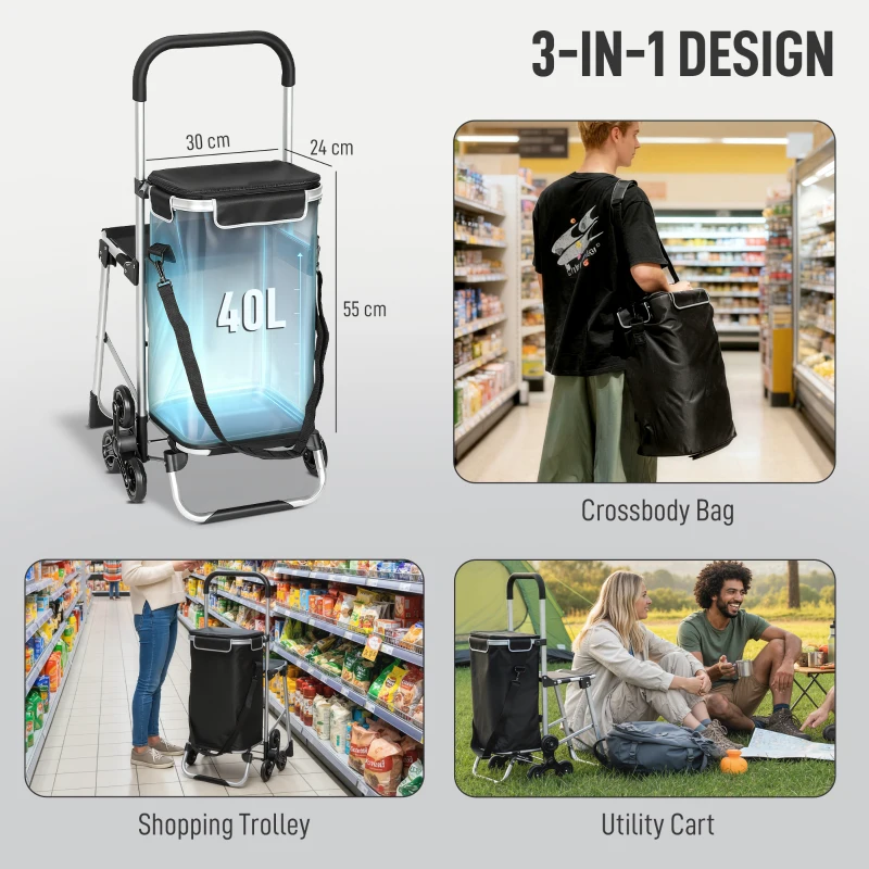 HOMCOM Cărucior de Cumpărături din Aluminiu cu Geantă de 40L Impermeabilă și Scaun, 46x59.5x97 cm, Negru și Argintiu