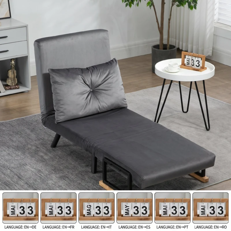 HOMCOM Fotoliu Pat 3 în 1 cu Spătar Rabatabil în 5 poziții și Pernă, 63x73x81 cm, Gri Închis(m-7)