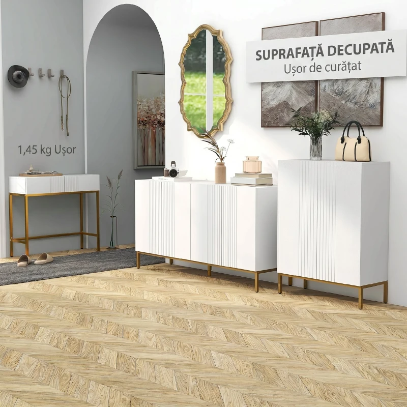 HOMCOM Bufet modern cu 4 uși cu închidere amortizată și rafturi reglabile, 140x40x75cm, alb și auriu