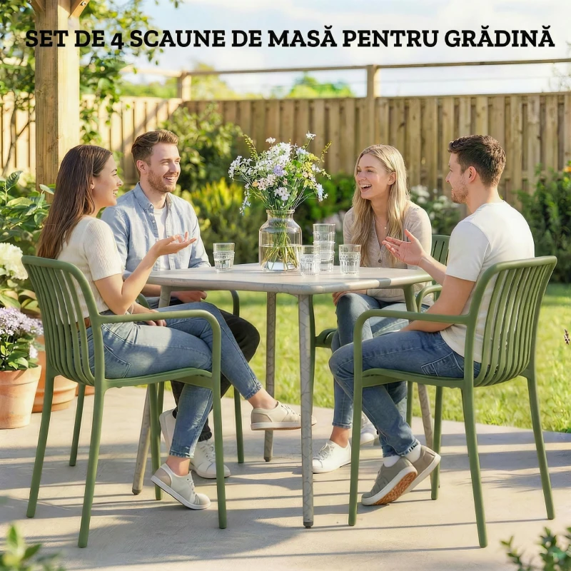 Outsunny Set 4 Scaune de Grădină Stivuibile din Plastic Anti-UV, Scaune pentru Prânz în Exterior cu Spătar Ergonomic cu Lamele și Mânere, pentru Terasă Balcon Grădină Exterior Interior, 55x58,5x81,5 cm, Verde