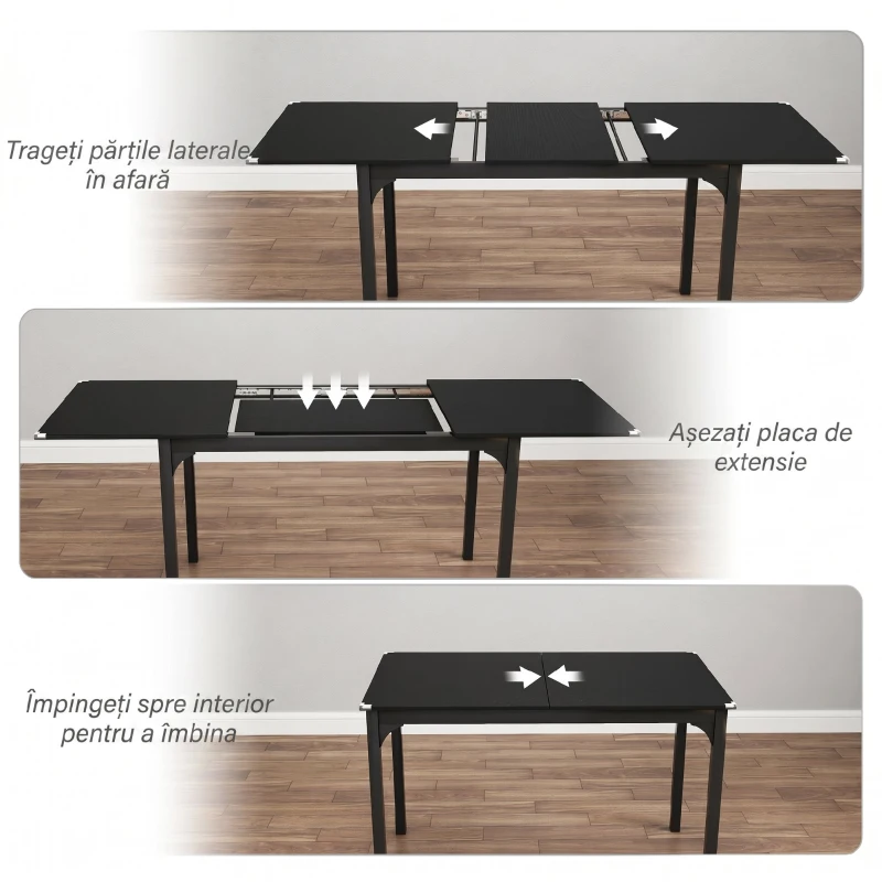HOMCOM, Masă Extensibilă, Expandabilă de la 120-160 cm cu Picioare, din MDF, Oțel, 160x70x75cm, Negru