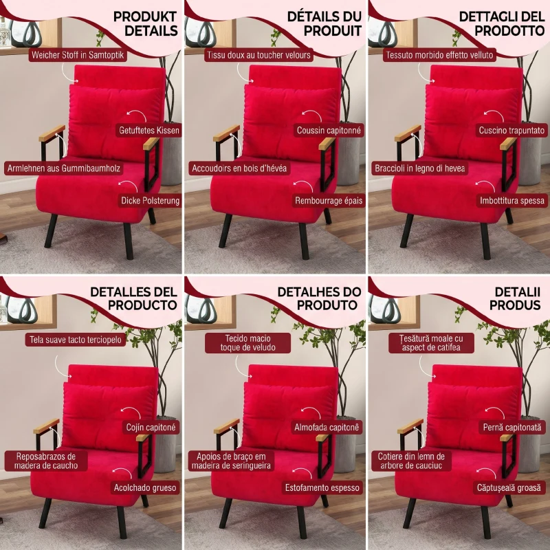HOMCOM Fotoliu Pat 3 în 1 cu Spătar Rabatabil și Pernă, din Material Catifelat, 63x73x81 cm, Roșu(m-6)