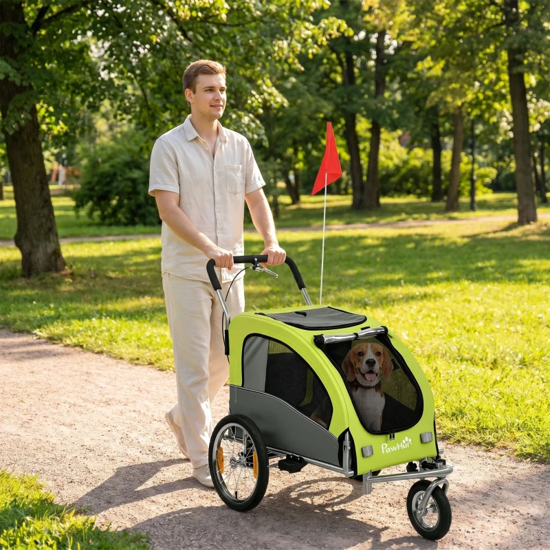 PawHut Remolque de Bicicleta Perros 2 en 1 Carrito Perros Medianos Plegable con Suspensión Neumáticos Grandes Ventanas Verde