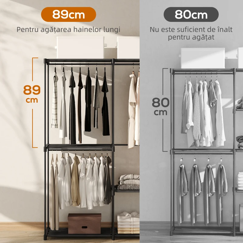 HOMCOM Dulap Portabil cu 2 Bare și 6 Rafturi, din Material Textil Non-Țesut, Plastic și Oțel, 111x43x185 cm, Negru