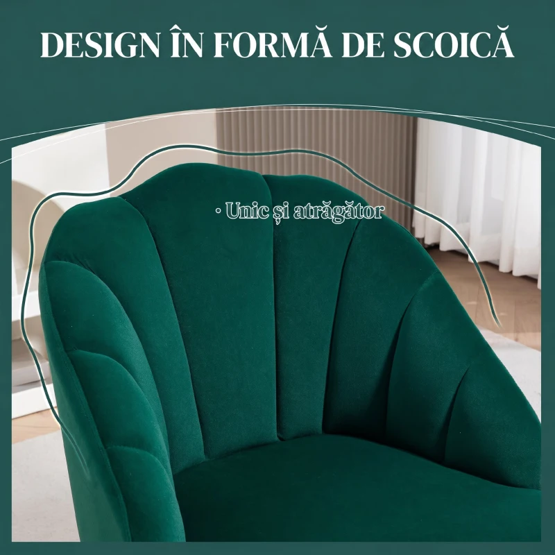 HOMCOM Fotoliu de Cameră și Living în Stil Art Deco cu Spătar în Formă de Scoică, din Material Vellutat și Oțel, 63x65x84 cm, Verde