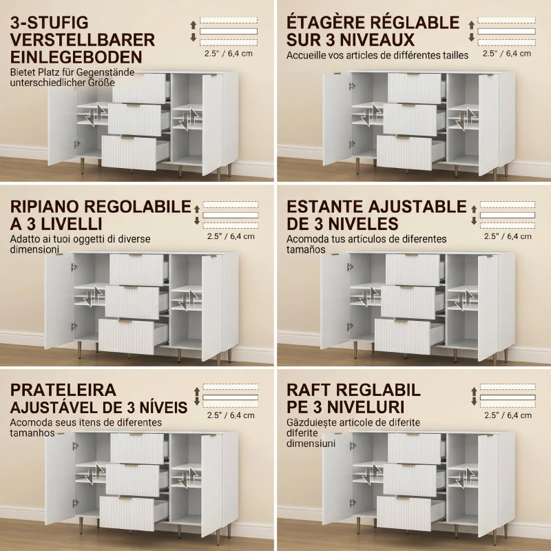 HOMCOM Bufet Modern cu 3 Sertare, 2 Dulapuri și Rafturi Reglabile, Lemn și Metal, Alb
