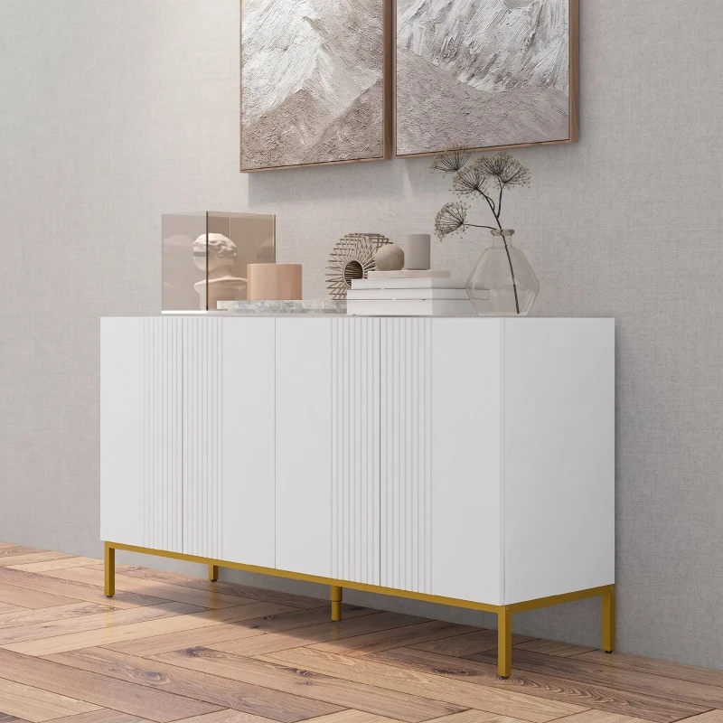 HOMCOM Bufet modern cu 4 uși cu închidere amortizată și rafturi reglabile, 140x40x75cm, alb și auriu