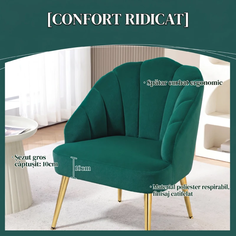 HOMCOM Fotoliu de Cameră și Living în Stil Art Deco cu Spătar în Formă de Scoică, din Material Vellutat și Oțel, 63x65x84 cm, Verde