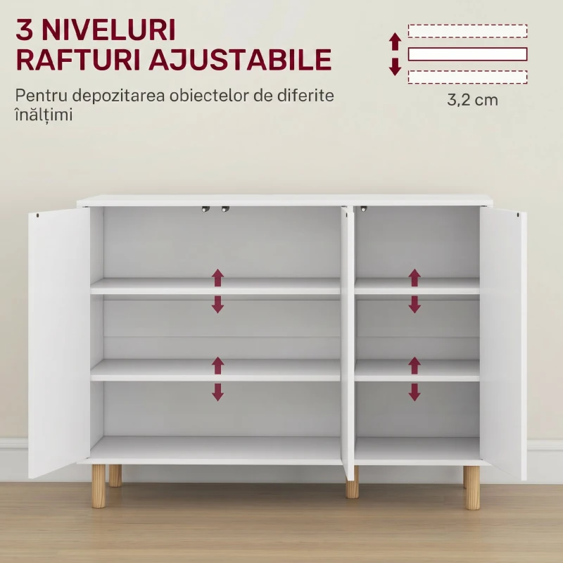 HOMCOM Bufet Modern cu 2 Dulapuri și 3 Rafturi din Lemn, 107x40x80 cm, Alb