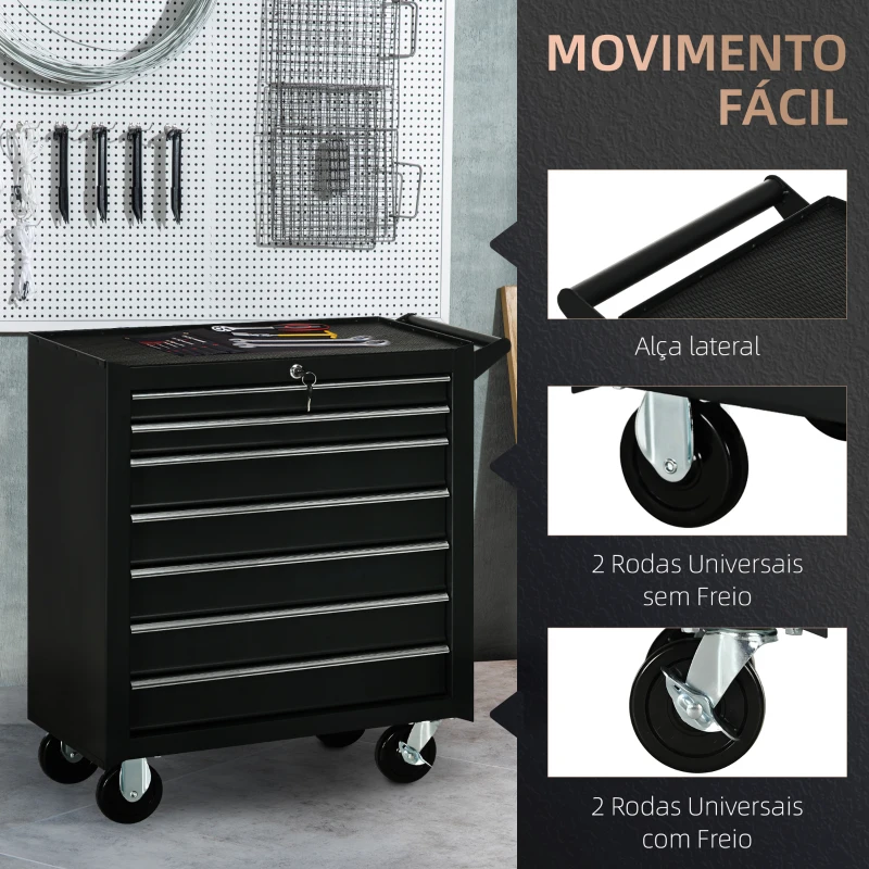 DURHAND Carrinho de Ferramentas com 7 Gavetas Rodas Trava Armário de Armazenamento para Oficina de Garagem e Chapa de Aço 69x33x75 cm Preto