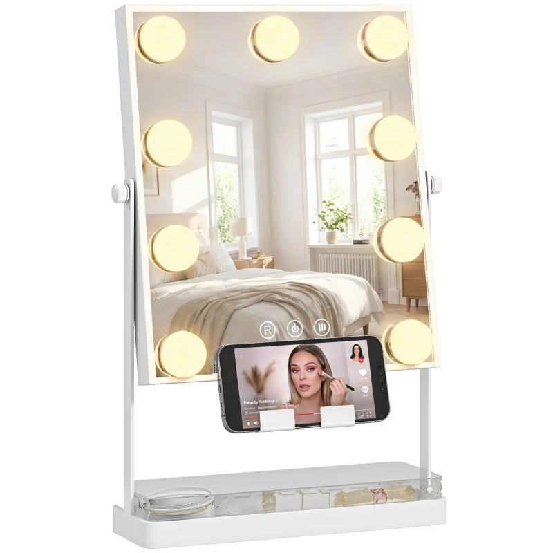 HOMCOM Espelho de Maquilhagem com Luz 9 Lâmpadas LED 3 Cores Interruptor Tátil Suporte para Telemóvel Branco
