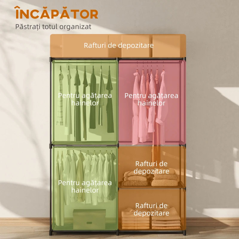 HOMCOM Dulap Portabil cu 2 Bare și 6 Rafturi, din Material Textil Non-Țesut, Plastic și Oțel, 111x43x185 cm, Negru