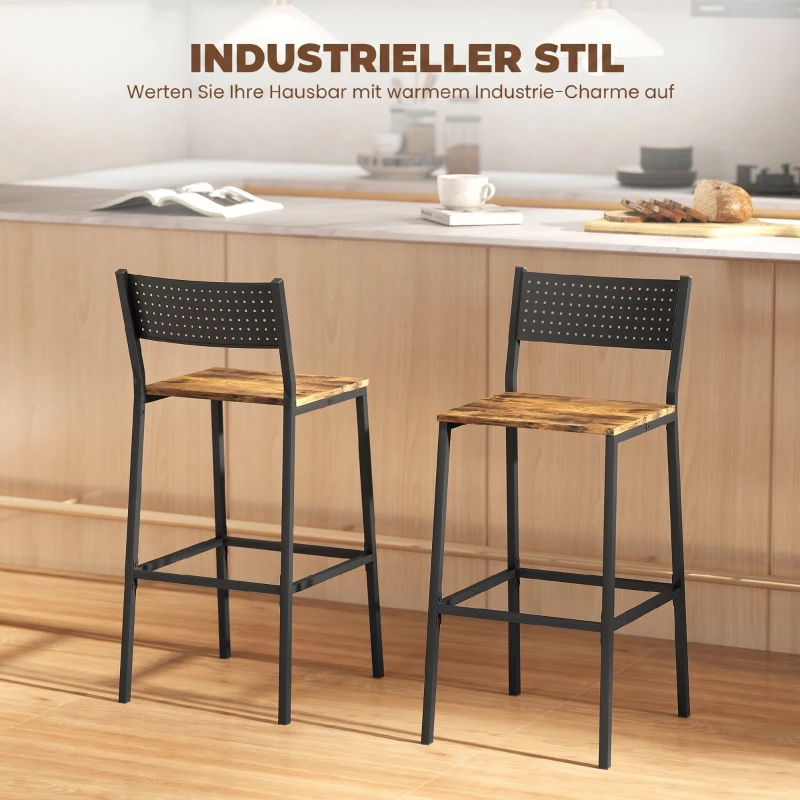 HOMCOM Set 2 Scaune de Bar cu Spătar și Suport pentru Picioare Integrat în Stil Industrial, Maro Rustic