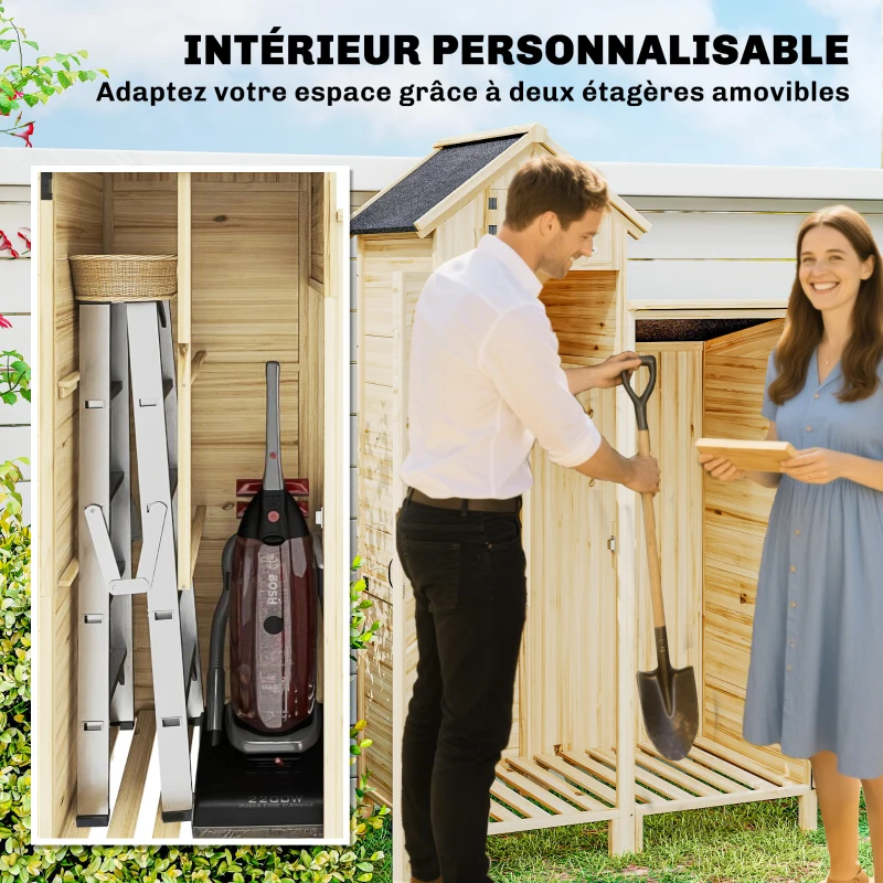 Outsunny Armoire de Jardin en Bois Abri de Jardin Toit en Asphalte Double Zone et Étagères Amovibles 106x57x167cm Naturel