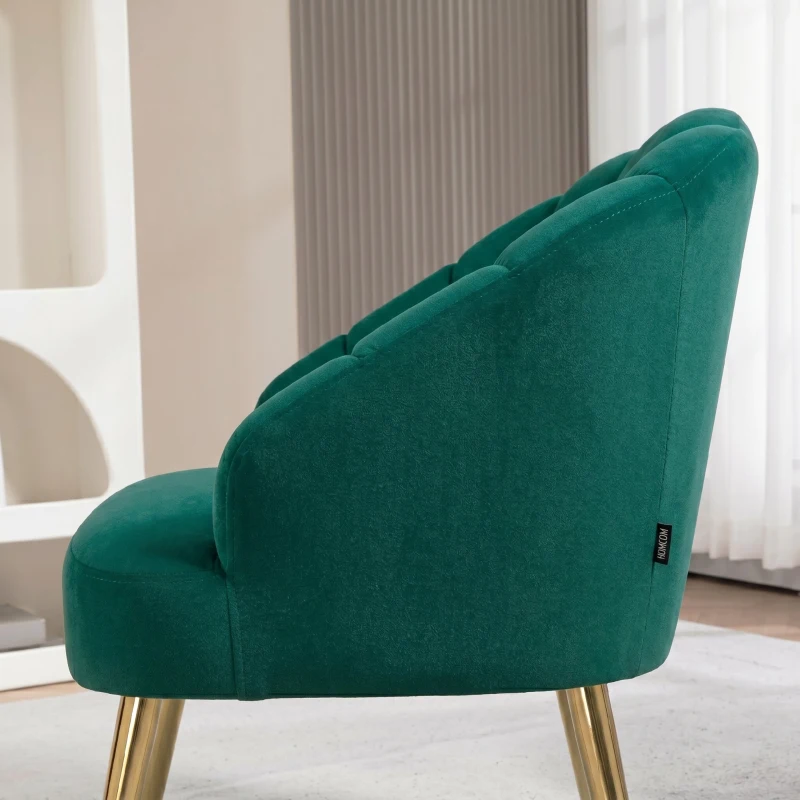 HOMCOM Fotoliu de Cameră și Living în Stil Art Deco cu Spătar în Formă de Scoică, din Material Vellutat și Oțel, 63x65x84 cm, Verde