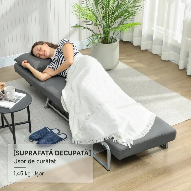 HOMCOM Fotoliu Extensibil 3 în 1 cu Spătar Reglabil pe 5 Nivele, din Material cu Efect de In, 73x78x81 cm, Gri Închis