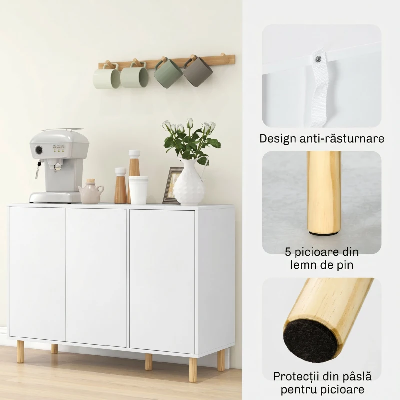 HOMCOM Bufet Modern cu 2 Dulapuri și 3 Rafturi din Lemn, 107x40x80 cm, Alb